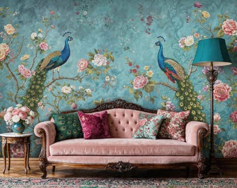 Blue Peacock Chinoiserie Wallpaper, Floral Peel and Stick Mural, Bird Wall Mural