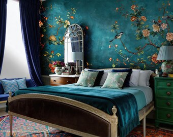 Teal Chinoiserie Peel and Stick Wallpaper: Floral Bird Wall Mural, Bird Wall Decor