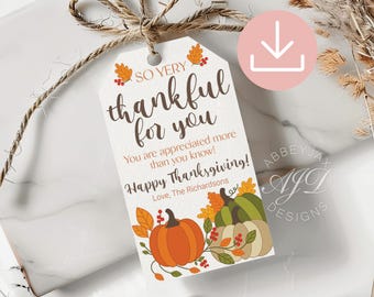 May include: A white rectangular gift tag with rounded top corners, tied with brown twine. It features orange and green pumpkins, autumn leaves, and the text: SO VERY thankful for you, YOU ARE APPRECIATED MORE THAN YOU KNOW! Happy Thanksgiving! Love, The Richardsons.