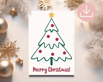 Tarjeta navideña minimalista con árbol de Navidad, tarjeta imprimible de Feliz Navidad, tarjeta navideña sencilla para imprimir, tarjeta navideña minimalista, tarjeta navideña moderna