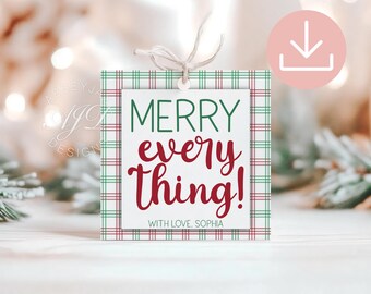 Może przedstawiać: Kwadratowa zawieszka prezentowa z czerwono-zieloną kratką na obrzeżach i białym środkiem. Napis MERRY every THING! wykonany jest zieloną i czerwoną czcionką, a na dole znajduje się czarny tekst WITH LOVE, SOPHIA.