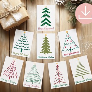 Minimalist Christmas Cards Set, Assorted Holiday Card Pack, Christmas Tree Card Printable, Happy Holidays Greeting Cards Bulk, Set of 8