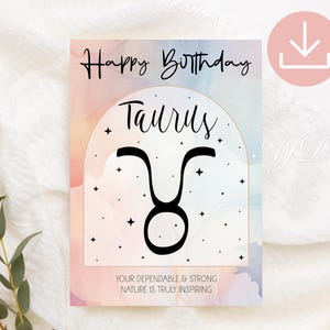 May include: A rectangular birthday card featuring a watercolor background in pastel pink, blue, and orange. It displays the text Happy Birthday, Taurus, and the phrase Your dependable & strong nature is truly inspiring, with a black Taurus symbol.