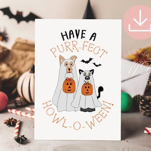 Happy Howl-o-ween Card Printable, Dog Halloween Card, Cute Cat Ghost Greeting Card, Funny Halloween Card, Spooky Card for Pet Lover, Digital