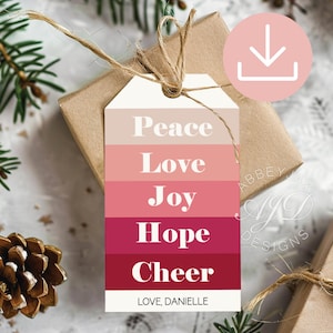 Pink Christmas Gift Tags, Peace Love Joy Tags, Printable Christmas Gift Tags Modern, Holiday Treat Tag, Personalized Tag for Presents