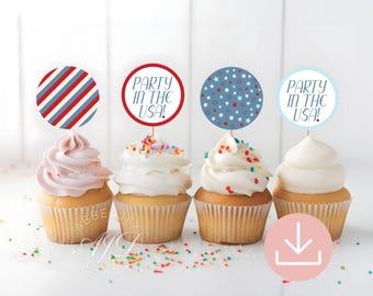 Fourth of July Cupcake Topper, USA Cupcake Topper, 4th of July Cupcake Toppers, Patriotic Party Favor, Party in the USA Tag, Round Labels