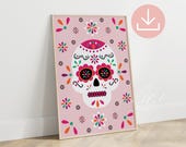 Dia De Los Muertos Pink Theme Art, Sugar Skull Wall Art, Feliz Dia De Los Muertos Printable, Mexican Heritage Print, Halloween Digital Print