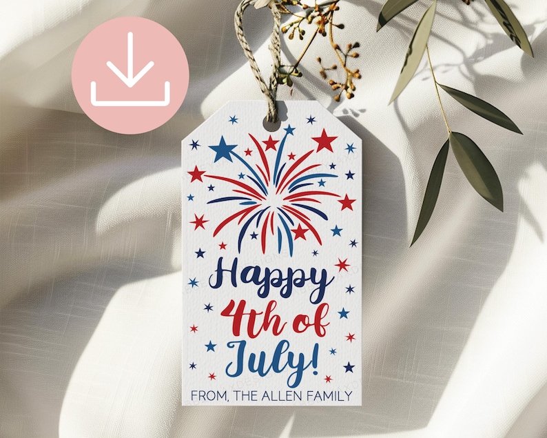 May include: A rectangular white gift tag with a hole at the top and a jute twine loop. The tag features a red and blue firework graphic, red and blue stars, and the text "Happy 4th of July!" in blue and red, with "FROM, THE ALLEN FAMILY" below.