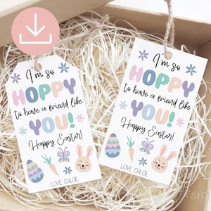 May include: Two white gift tags with the text "I'm so HOPPY to have a friend like YOU! Happy Easter!" in pastel colors. Each tag features Easter-themed illustrations of an egg, carrot, butterfly, and bunny. The tags are inside a cardboard box.