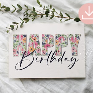 Puede incluir: Tarjeta de felicitación blanca con las palabras "HAPPY Birthday". Las letras de "HAPPY" están rellenas de un estampado floral colorido. "Birthday" está escrito en cursiva.