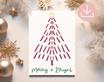 Tarjeta navideña alegre y brillante, tarjeta minimalista con árbol de Navidad, tarjeta navideña sencilla para imprimir, tarjeta navideña minimalista, tarjeta navideña moderna digital