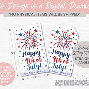 May include: Two rectangular gift tags measuring 8.89 cm by 5.08 cm, featuring red and blue firework graphics and stars on a white background. The text reads Happy 4th of July! with an editable blue box at the bottom labeled FROM, THE ALLEN FAMILY.