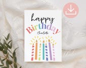 Happy Birthday Editable Card, Candle Birthday Card, Personalized Birthday Card Printable, Colorful Birthday Greeting Card, Digital Download