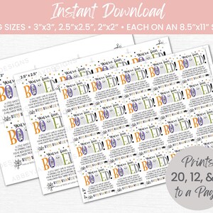 May include: Three printable sheets of Halloween gift tags featuring the text You've been BOOED! with ghost illustrations. The sheets include tag sizes of 3x3 inches, 2.5x2.5 inches, and 2x2 inches, with instructions for printing 20, 12, or 6 tags per page.