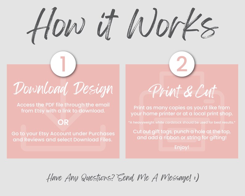 May include: An instructional graphic titled How it Works with two pink rectangular sections. Step 1 Download Design explains accessing PDF files via email or Etsy account. Step 2 Print & Cut details printing on cardstock and cutting tags.