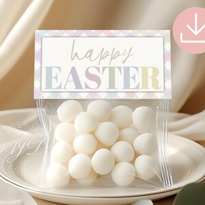 May include: A clear cellophane bag filled with white candies, topped with a pastel-colored "Happy Easter" label. The label has a checkered border and is set on a white plate.