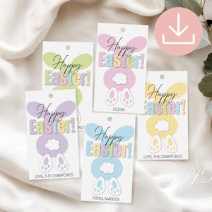 May include: Five pastel colored gift tags with bunny ears and the text "Happy Easter!"  The tags are decorated with pastel colors and have different messages on the bottom.