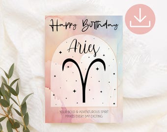 Aries Birthday Card, Aries Zodiac Birthday Card Printable, Zodiac Sign Greeting Card, Astrology Birthday Card, Horoscope Digital Gift