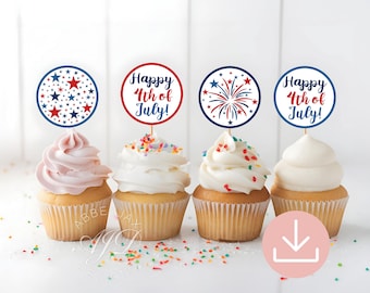 Fourth of July Cupcake Topper, USA Cupcake Topper, Happy 4th of July Labels, 4th of July Cupcake Toppers, Patriotic Party Favor, Round Label