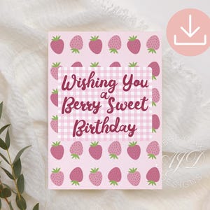 Strawberry Birthday Card Printable, Fruit Birthday Card, Berry Themed Birthday Digital Download, Berry Sweet Birthday, Pink Gingham Gifts