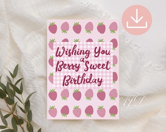 Strawberry Birthday Card Printable, Fruit Birthday Card, Berry Themed Birthday Digital Download, Berry Sweet Birthday, Pink Gingham Gifts