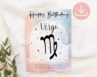 Virgo Birthday Card, Virgo Zodiac Birthday Card Printable, Zodiac Sign Greeting Card, Astrology Birthday Card, Horoscope Digital Gift