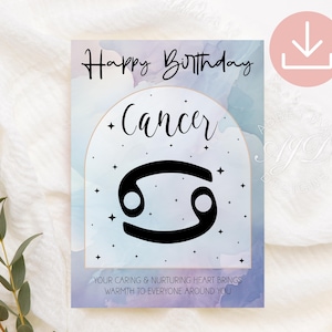 Carte d'anniversaire Cancer, carte d'anniversaire astrologie, carte de voeux signe du zodiaque, fille du zodiaque Cancer, cadeau horoscope, anniversaire céleste, imprimable