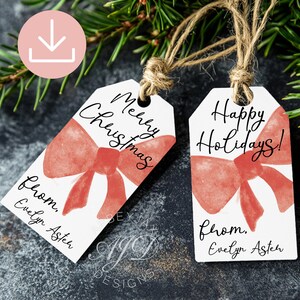 Editable Christmas Favor Tags, Red Bow Christmas Tags, Merry Christmas Tags Printable, Coquette Christmas Gift Tag, Happy Holidays Gift Tag