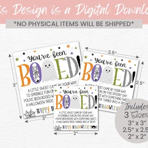 May include: Three square Halloween gift tags with the text You've been BOOED, a ghost illustration, and spiderwebs. The tags measure 3 inches by 3 inches, 2.5 inches by 2.5 inches, and 2 inches by 2 inches, featuring orange, purple, and green accents.