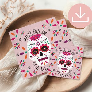 May include: Two square cards with a Day of the Dead skull design. The cards are light pink with colorful floral accents and the text "FELIZ DIA DE LOS MUERTOS". The skull is white with floral details.