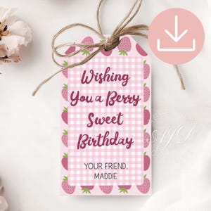 Strawberry Gift Tag Printable, Berry Sweet Birthday, Fruit Themed Party Favors, Berry Themed Birthday Digital Download, Pink Gingham Gifts