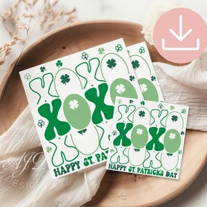 Etiquetas para regalos del día de San Patricio, etiquetas para regalos del día de San Patricio, etiquetas XOXO para imprimir, regalos con temática irlandesa, regalos de fiesta con forma de trébol, abrazos y besos, galletas de trébol