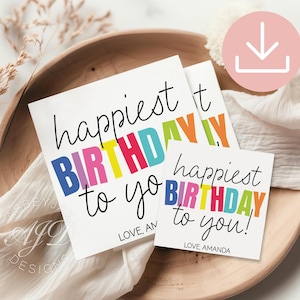 Birthday Cookie Tags, Printable Birthday Tag Square, Happiest Birthday, Happy Birthday Treat Tag, Happy Birthday Gift Tags Download, Favors