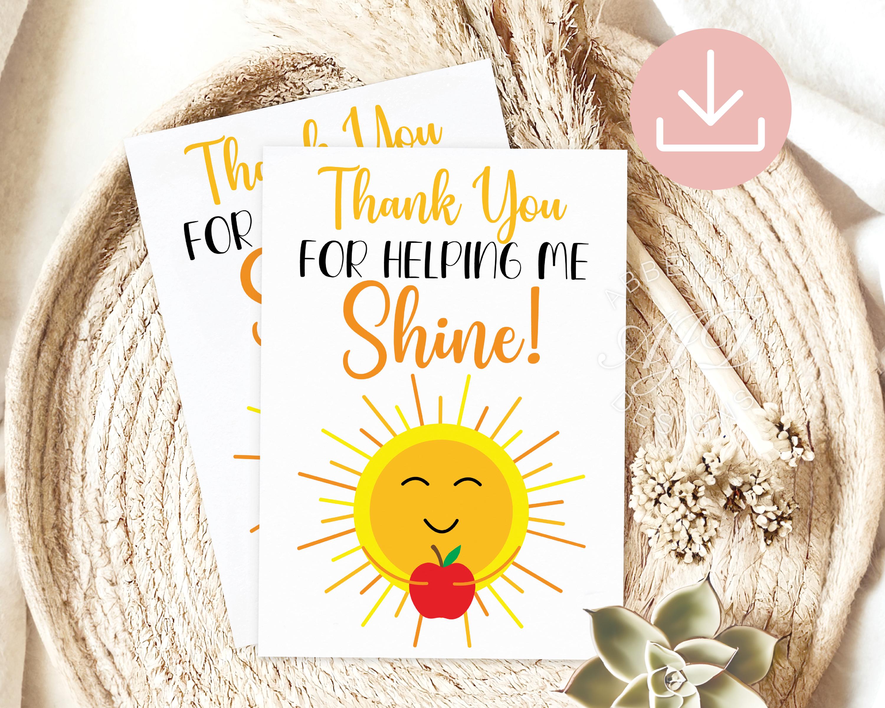 Teacher Appreciation Greeting Card, Printable Teacher Thank You Card, Sun Thank You Card, Teacher Appreciation Week Card, End of School Card