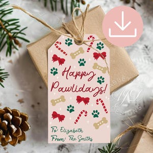 Dog Christmas Gift Tag Printable, Pink Christmas Gift Tags Digital, Paw Print Tag, Holidays Dog Tag, Dog Coquette, Happy Pawlidays Gift Tag