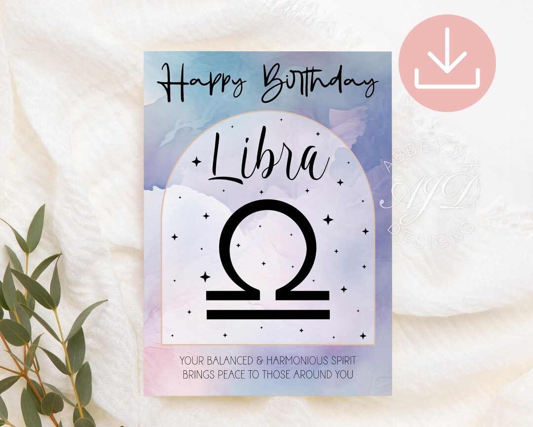 Libra Birthday Card, Libra Zodiac Birthday Card Printable, Zodiac Sign