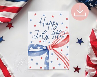 Happy July 4th Card, Fourth of July Greeting Cards, Happy 4th of July Cards, Fourth of July Printable Downloads, Red White and Blue Bow