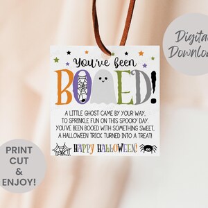 May include: A square white gift tag with a brown leather cord featuring the text You've been BOOED! with a ghost and spiderweb graphic. It includes a poem about Halloween treats, small colorful stars, a spiderweb, and a spider illustration.