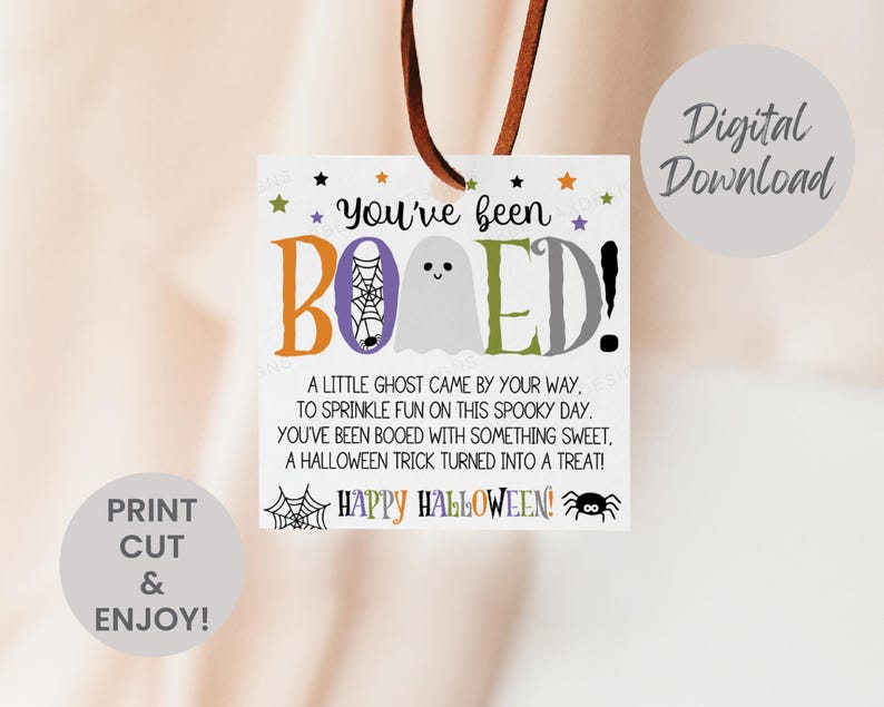 May include: A square white gift tag with a brown leather cord featuring the text You've been BOOED! with a ghost and spiderweb graphic. It includes a poem about Halloween treats, small colorful stars, a spiderweb, and a spider illustration.