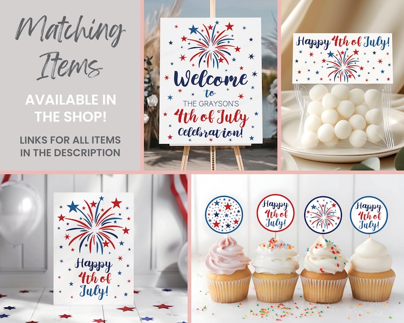 May include: A collection of 4th of July party supplies featuring a welcome sign, a treat bag with white sweets, a greeting card, and four cupcakes with circular toppers, all decorated with red and blue firework and star patterns.