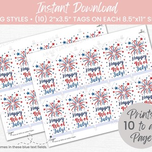 May include: A digital sheet of ten 5.08 cm by 8.89 cm rectangular tags on a 21.59 cm by 27.94 cm page. Each tag features a red and blue firework graphic and the text Happy 4th of July! in a script font, with small stars scattered throughout.