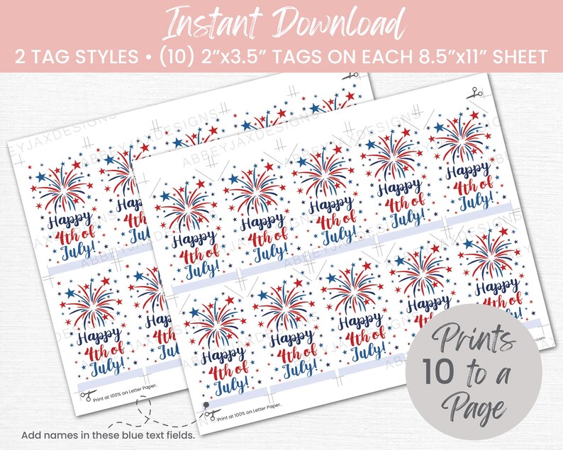 May include: A digital sheet of ten 5.08 cm by 8.89 cm rectangular tags on a 21.59 cm by 27.94 cm page. Each tag features a red and blue firework graphic and the text Happy 4th of July! in a script font, with small stars scattered throughout.