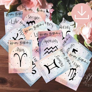 Sternzeichen Geburtstagskarten-Set, Sternzeichen Grußkarten, 12er-Pack Celestial Geburtstagskarte Printables, Astrologie-Kartenset, Horoskop Geschenk