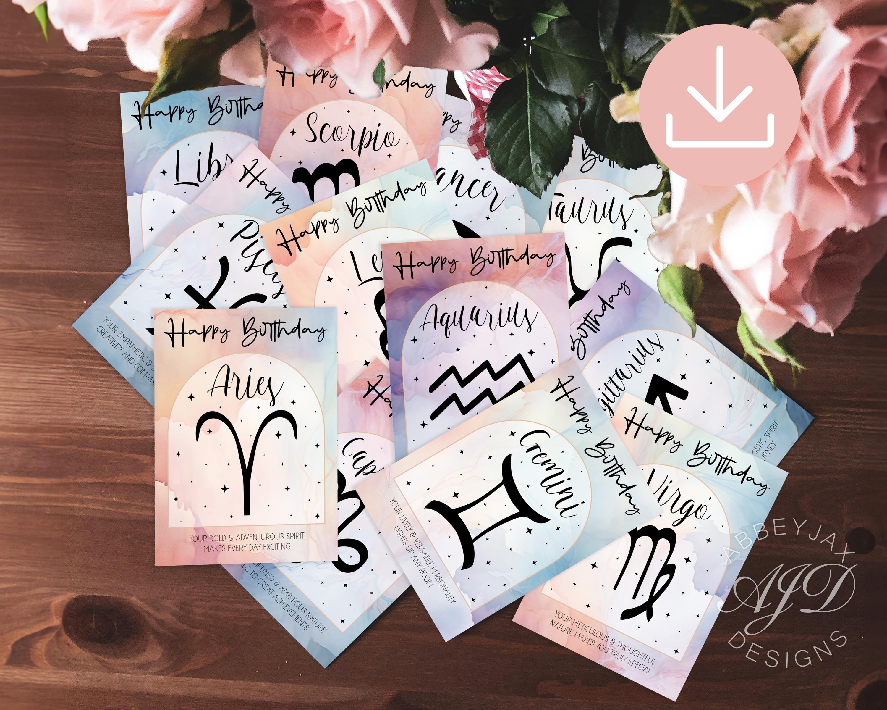 Zodiac Birthday Card Bundle, Zodiac Sign Greeting Cards, 12-Pack Celestial Birthday Card Printables, Astrology Sign Card Set, Horoscope Gift