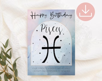 Pisces Printable Cards, Astrology Birthday Card, Zodiac Sign Greeting Card, Pisces Cards, Horoscope Gift, Celestial Birthday Card, Download