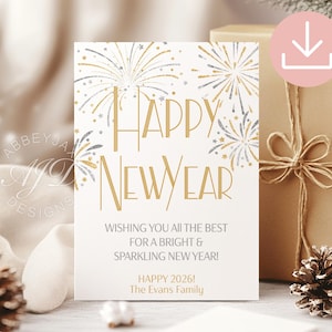 Happy New Year 2026 Card Template, Editable New Year Card, Sparkling New Year, Printable New Year Card 2026, Elegant Holiday Card, Download
