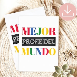 May include: Two rectangular white cards featuring the text MEJOR PROFE DEL MUNDO in colorful block letters. The word PROFE DEL is printed in white on a black rectangular background, while MEJOR and MUNDO are in red, blue, green, and yellow.