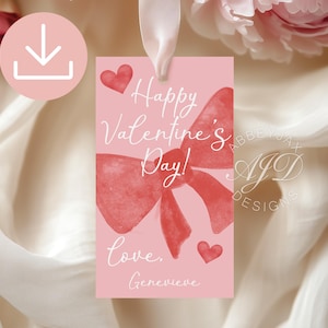 Happy Valentine's Day Tags, Printable Valentines Tags, Pink Valentine Coquette Bow, Editable Valentine Tag, Red Bow Gift Tags, School Tags