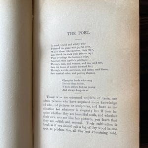 May include: A page from a vintage book with text about the poet. The text is in black ink on white paper. The text discusses the poet's journey and the importance of finding inspiration.