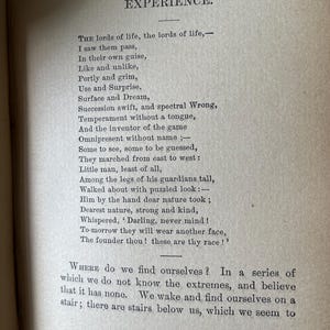 May include: A page from a book with the title "Experience." The page contains a poem about the lords of life and how they pass through life in their own ways. The poem also talks about the importance of nature and how it guides us through life.